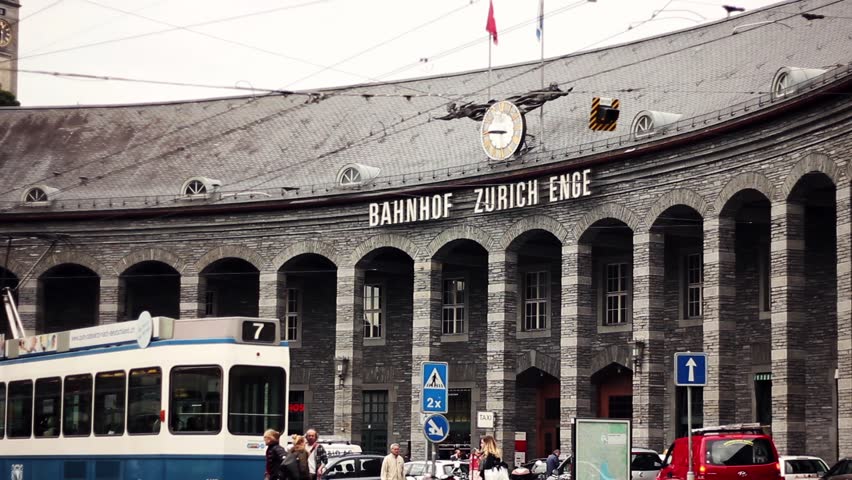 ZURICH, SWITZERLAND - MAY 10, 2016: Exterior shot of Zurich Enge railway station