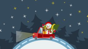 Delivery flat transport truck, van with xmas tree snowman and gift box pack on white. Delivery service van delivery truck gift box. Product goods shipping transport 4K FullHD and HD video flat footage