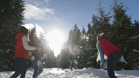 People Group Snow Forest Young Friends Having Fun Playing Snowballs Outdoor Winter Pine Woods Slow Motion 120 : vidéo de stock