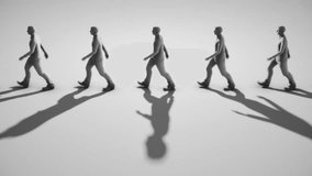 A looping clip of a line of people walking in place. Long shadows lend a dynamic quality to the clip. This video is a 3d rendering.