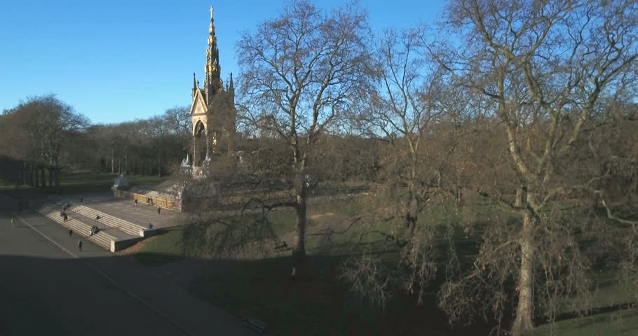 Aerial ascending view of the Royal Albert Memorial in London