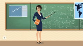 Teacher (lecturer) with a pointer in the class shows graphics, text, formulas, a map on the Board. Repeating cycle animation for presentation. 4K, flat design, 2D video on a green screen.