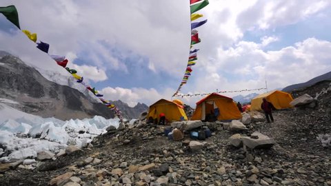 Panoramic view of tents established on Khumbu Icefall for tourists' convenience, Everest base camp. Picturesque mountains are on the background. Himalaya, Nepal