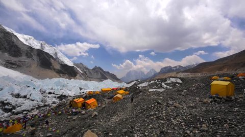 Panoramic view of Everest base camp, tent village established on Khumbu Icefall for tourists' convenience and visited by thousands of trekkers. Everest, Nuptse, Lhotse mountains are on the background