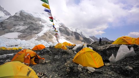 EVEREST BASE CAMP, NEPAL - APRIL 30, 2016: Panoramic view of Everest base camp, tent village established on Khumbu Icefall. Everest, Nuptse, Lhotse mountains are on the background