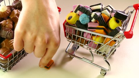 Slider shot of a model basket of chocolates and a miniature shopping trolley of liquorice mix. A fallen sweet is picked up and put back in place.