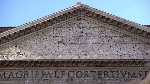 Facade of Pantheon in Rome. Tilting from above. The Pantheon is a former Roman temple on the site of an earlier temple commissioned by Marcus Agrippa during the reign of Augustus (27 BC – 14 AD)