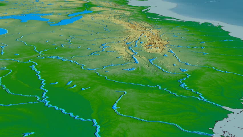 Glide over Appalachian mountain range - masks. Colored physical map. High resolution ASTER GDEM data textured
