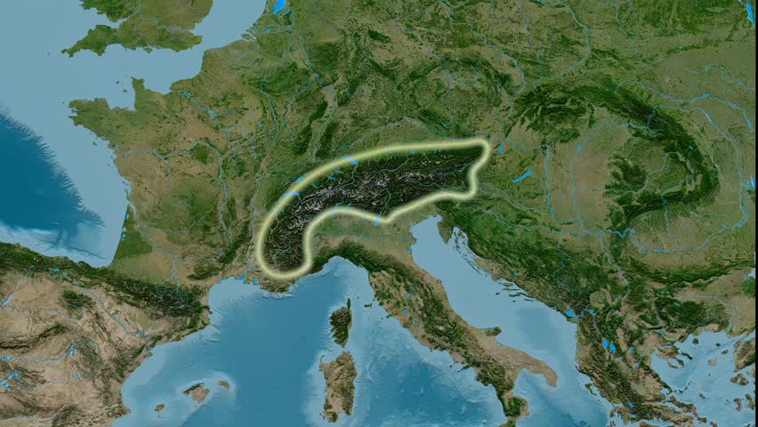 Zoom into Alps mountain range - glowed. Satellite imagery. High resolution ASTER GDEM data textured