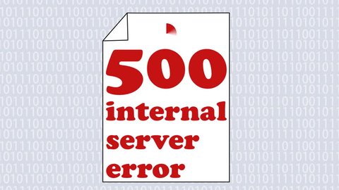 Animated error internet page 500, internal server error, white paper page with crazy animated error message on binary digit background