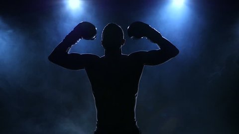 Boxer fulfills blows facing the viewer in slow motion. Silhouette
