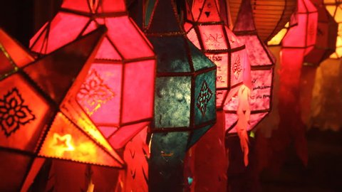 Lanna lanterns at night, Thai lantern festival 库存视频
