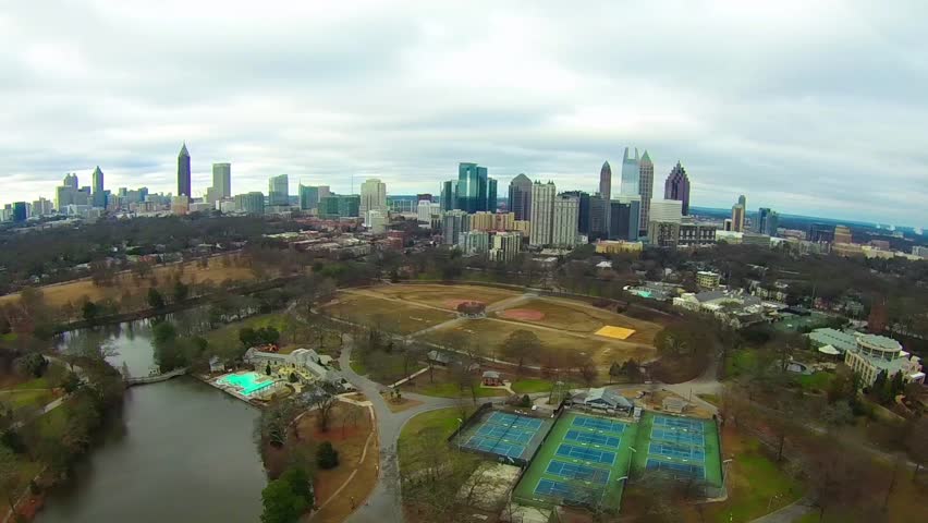  aerial over atlanta georgia city skyline and city park