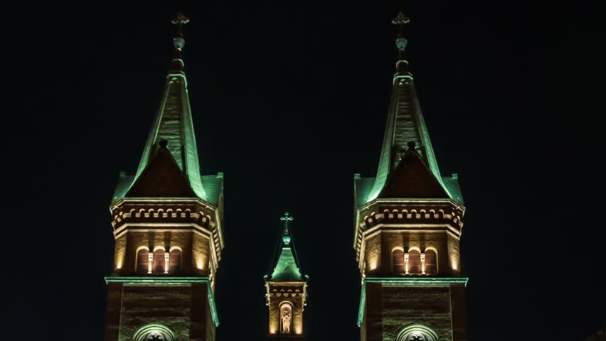 Timisoara. Millennium Cathedral at night. Tilt down.