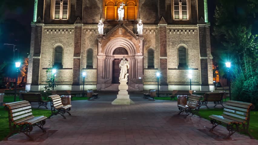 Timisoara. Millennium Cathedral at night. Tilt up.
