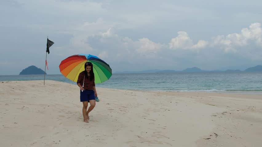 young woman on a tropical beach with umbrella