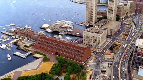 Boston, MA - CIRCA 2003 - Daytime aerial view of Boston waterfront Stock Video