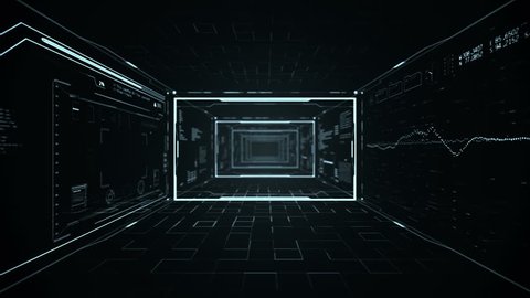 Futuristic HUD  tunnel. Camera zoom in through Head up display screens.Good for tech titles and background, news headline business intro screensaver.