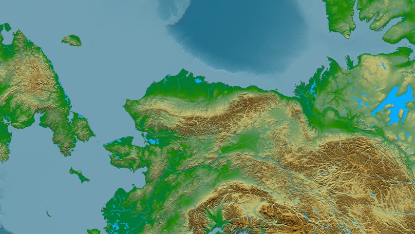 Zoom into Brooks mountain range - masks. Colored physical map. High resolution ASTER GDEM data textured