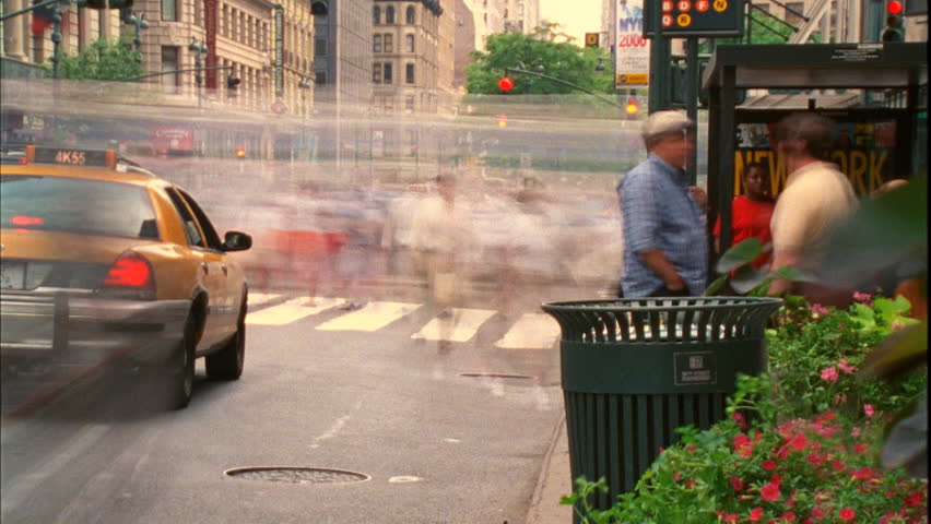 New York City, NY - CIRCA 2003; (Timelapse View) Manhattan bus stop at 8th Ave.