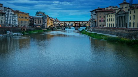 Florence, Italy. Circa, 2016. Hyperlapsed view of the medieval Ponte Vecchio over the Arno  river. From night to day.