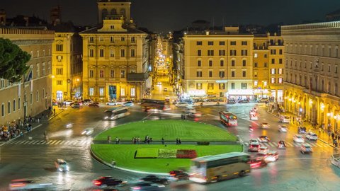 night light rome city square piazza venezia traffic circle panorama 4k time lapse italy