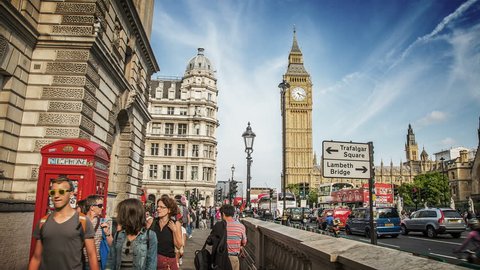 London, England. Circa, 2016. Hyperlapse of the Big Ben on the north end of the Palace of Westminster from Great George Street. 