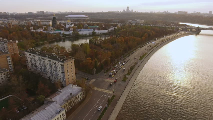 Aerial view of the capital of Russia - Moscow. Moskva River. 4K