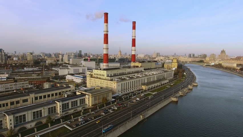 Views of Moscow. Aerial view of heat power station near the Moskva River. 4K