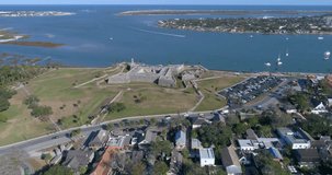 Aerial footage Castillo De San Marcos historic fort and St Augustine 4k 60p