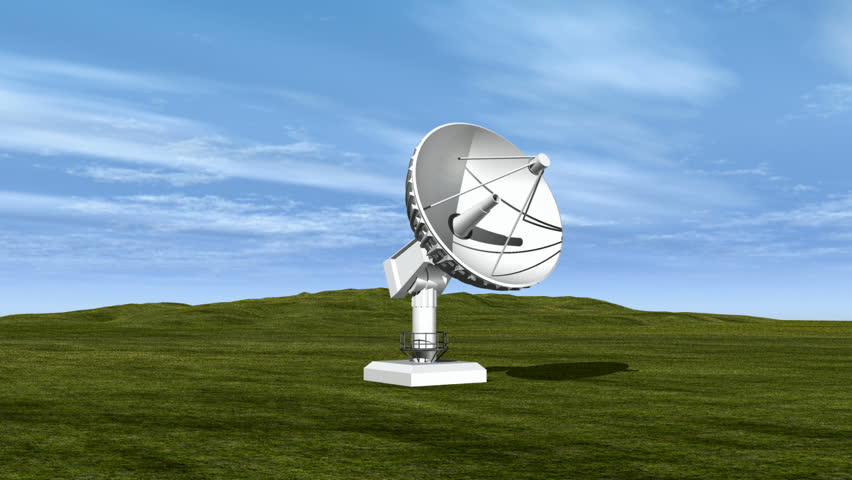 Satellite dish transmitting to satellite in universe. HD 1080. 3D animation.