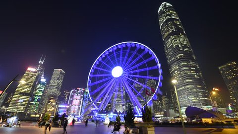 HONG KONG City Night Timelapse- 14 NOV 2016: Hong Kong Observation Wheel in Central District of Hong Kong. It is 60 meters high and is easily reached with the MTR Central Station or the Star Ferry