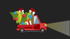 Delivery flat transport truck, van with gift box packs and christmas tree in xmas eve. Delivery service van. Happy new year. Product goods shipping transport 4K HD video flat footage