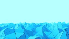 Camera passing through the triangle surface. loopable 3d rendered abstract waved surface made of triangle shapes with shadows and speculars, with depth of field. Background for text. Blue color