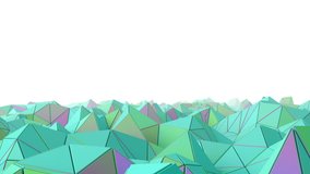 Camera passing through the triangle surface. loopable 3d rendered abstract waved surface made of triangle shapes with shadows and speculars, with depth of field. Background for text. Green color