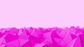 Camera passing through the triangle surface. loopable 3d rendered abstract waved surface made of triangle shapes with shadows and speculars, with depth of field. Background for text. Pink  color