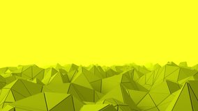 Camera passing through the triangle surface. loopable 3d rendered abstract waved surface made of triangle shapes with shadows and speculars, with depth of field. Background for text. Yellow color