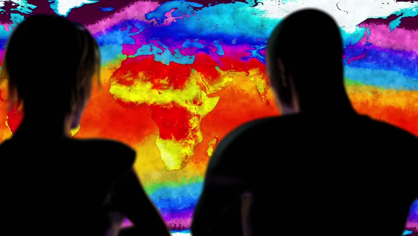 Woman and Man Watching Earth Global Warming Simulation Cinematic Camera Motion 3D Animation The thermo map is bases on real data but it’s fully CGI hand drawn imagery. Royalty-Free Stock Footage #22055776