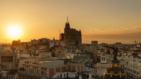 MADRID - SEPTEMBER, 2016. Sunset of the skyline of Madrid. Time lapse shot from a roof in Alcala street of Madrid, Spain.