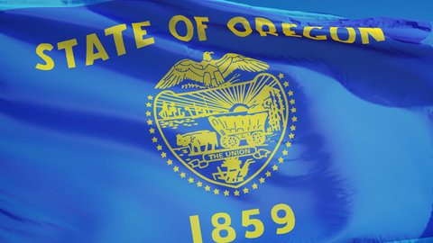 Oregon (U.S. state) flag waving in slow motion against blue sky, seamlessly looped, close up, isolated on alpha channel with black and white matte, perfect for film, news, composition