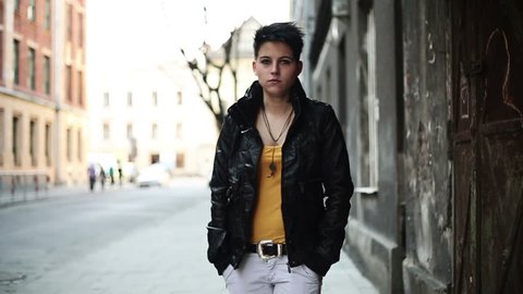 Punk girl walking in the city, slow motion Video Stok