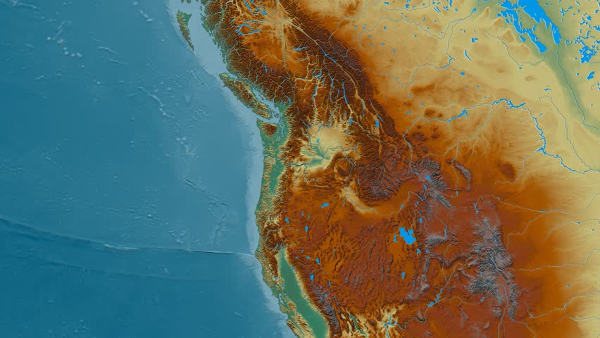 Zoom into Cascade mountain range - masks. Relief map. High resolution ASTER GDEM data textured