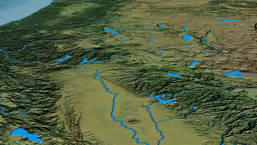 Glide over Cascade mountain range - masks. Topographic map. High resolution ASTER GDEM data textured