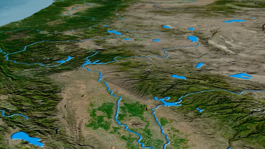 Glide over Cascade mountain range - masks. Satellite imagery. High resolution ASTER GDEM data textured