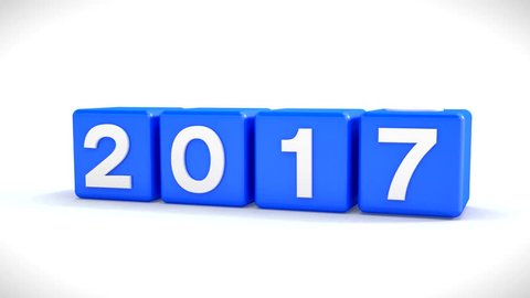 3d video animation of blue cubes with the year 2016, changing to the new year 2017, over white background - represents the new year 2017.