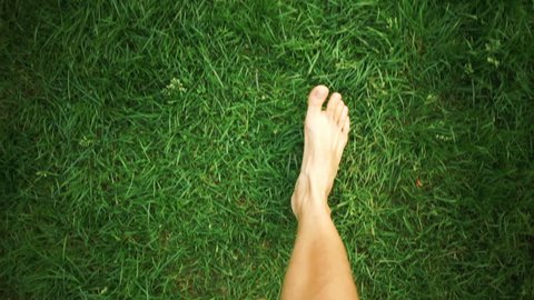 Bare feet walking on the grass POV, concept of freedom and happiness