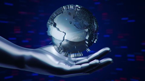 Abstract background with animation of rotation Earth Globe in abstract hands of human. Animation of seamless loop.