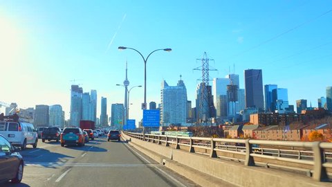 TORONTO - NOVEMBER 8: Motion video of cars en route towards Downtown on the Gardiner Expressway November 8, 2016 in Toronto ON, Canada