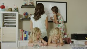 Medium panning shot of mother home schooling daughters / Orem, Utah, United States