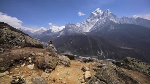 Panoramic view of Ama Dablam (6,170m) and Khumbu Valley with Kongde Ri (6,187m), Tobuche (6495m), Cholatse (6440m), Lobuche (6119m) mounts. The Khumbu's elevation ranges from 3,300m to 8,848m
